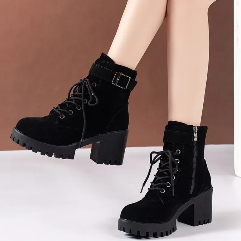 

Winter High Heeled Women Boots Cross Straps Short Boots Comfortable Waterproof Boots Warm Plus Size 42 Botas Femininas