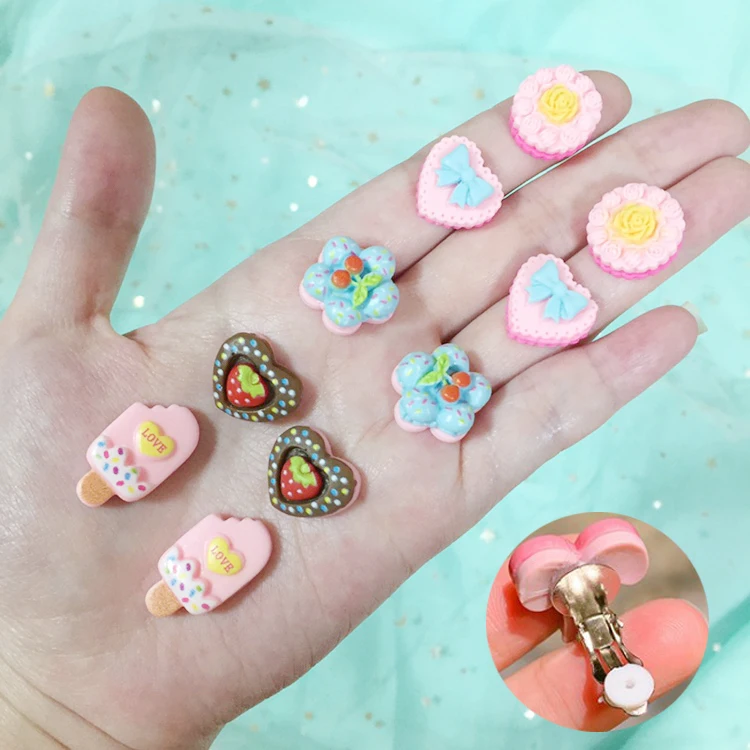 10pcs Cute Holeless Clips Earrings for Girls Children Flower Animal Fruit Cake Food Ear Pins Earring Ear Jewelry Accessories