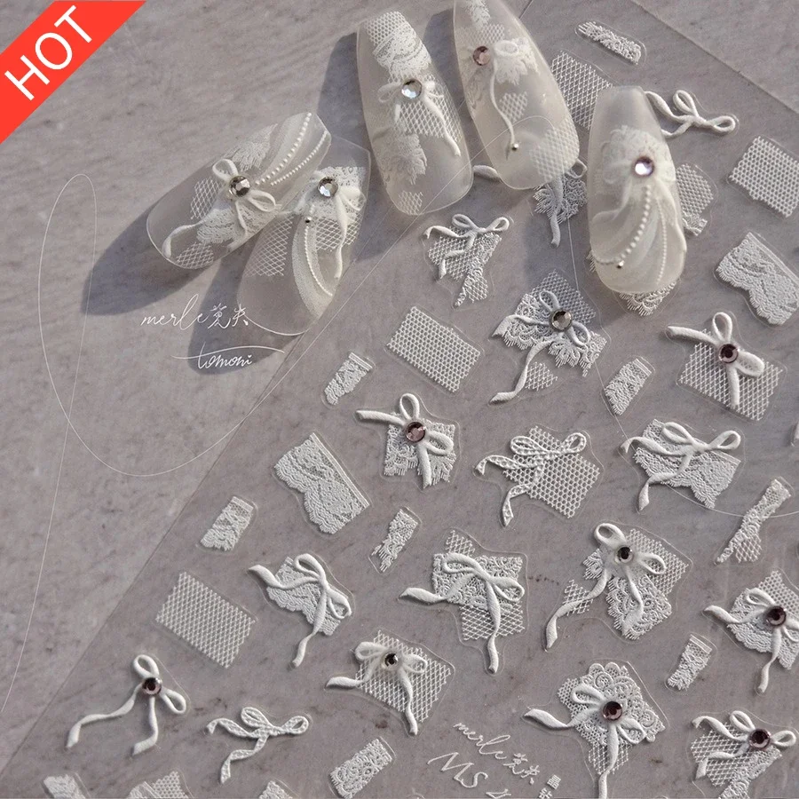 

3D White Lace Bow Nail Art Stickers, Ultra-Thin Tulle Self-Adhesive Nail Decals, Elegant Bridal Manicure Decor For Women