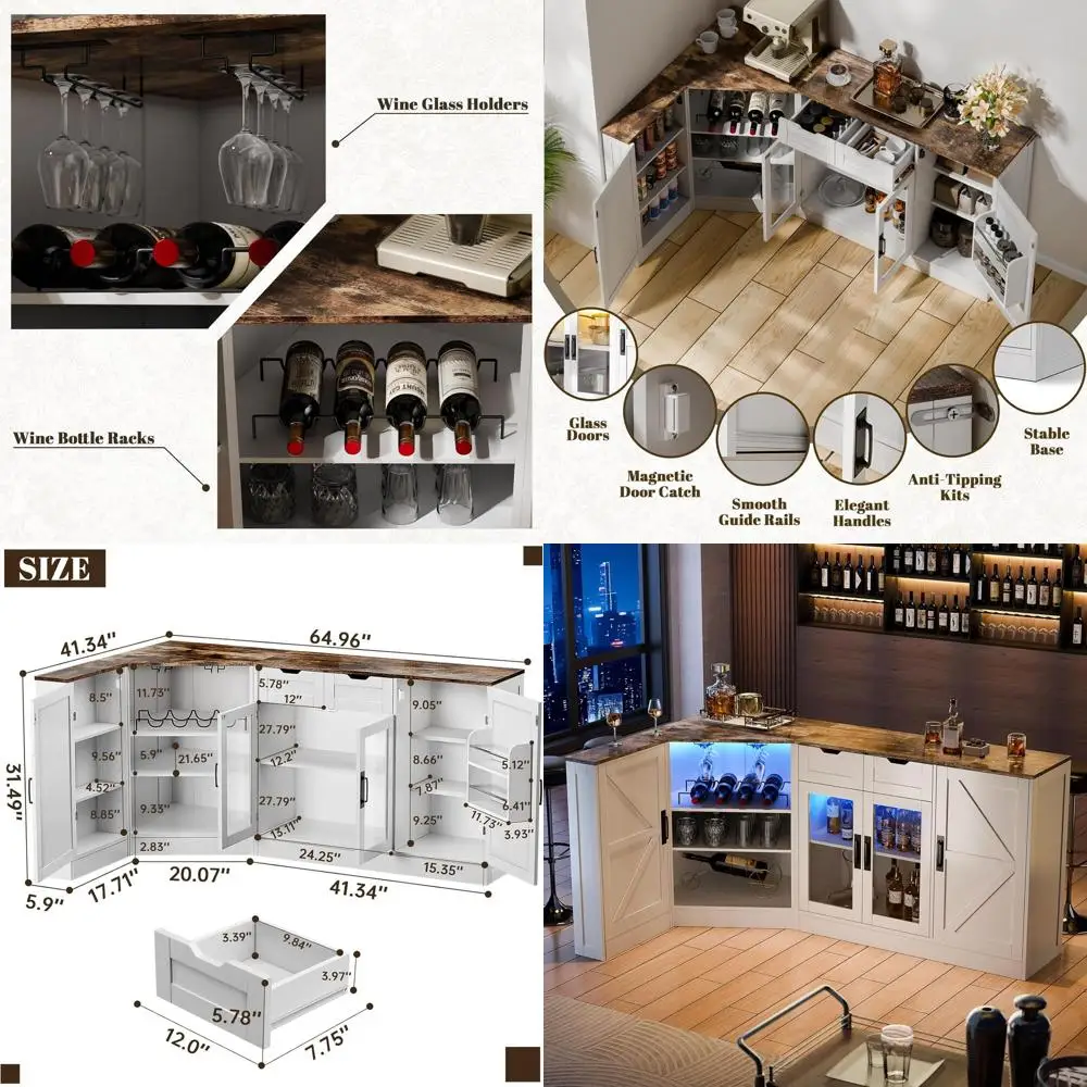 

Белый угловой барный шкаф 65 дюймов с LED-подсветкой, выдвижными ящиками и винной полкой
