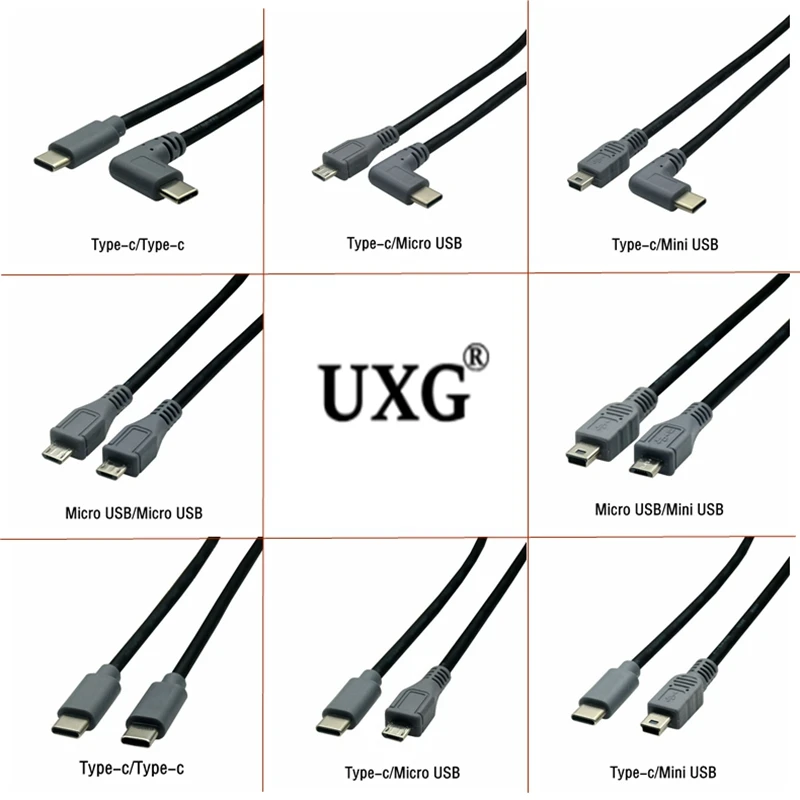 Kabel Micro /Mini USB 50CM 5Pin z męskiego na męskie prostopadły 90 stopni USB 3.1 typu C OTG konwerter Adapter danych 0.25m 1m