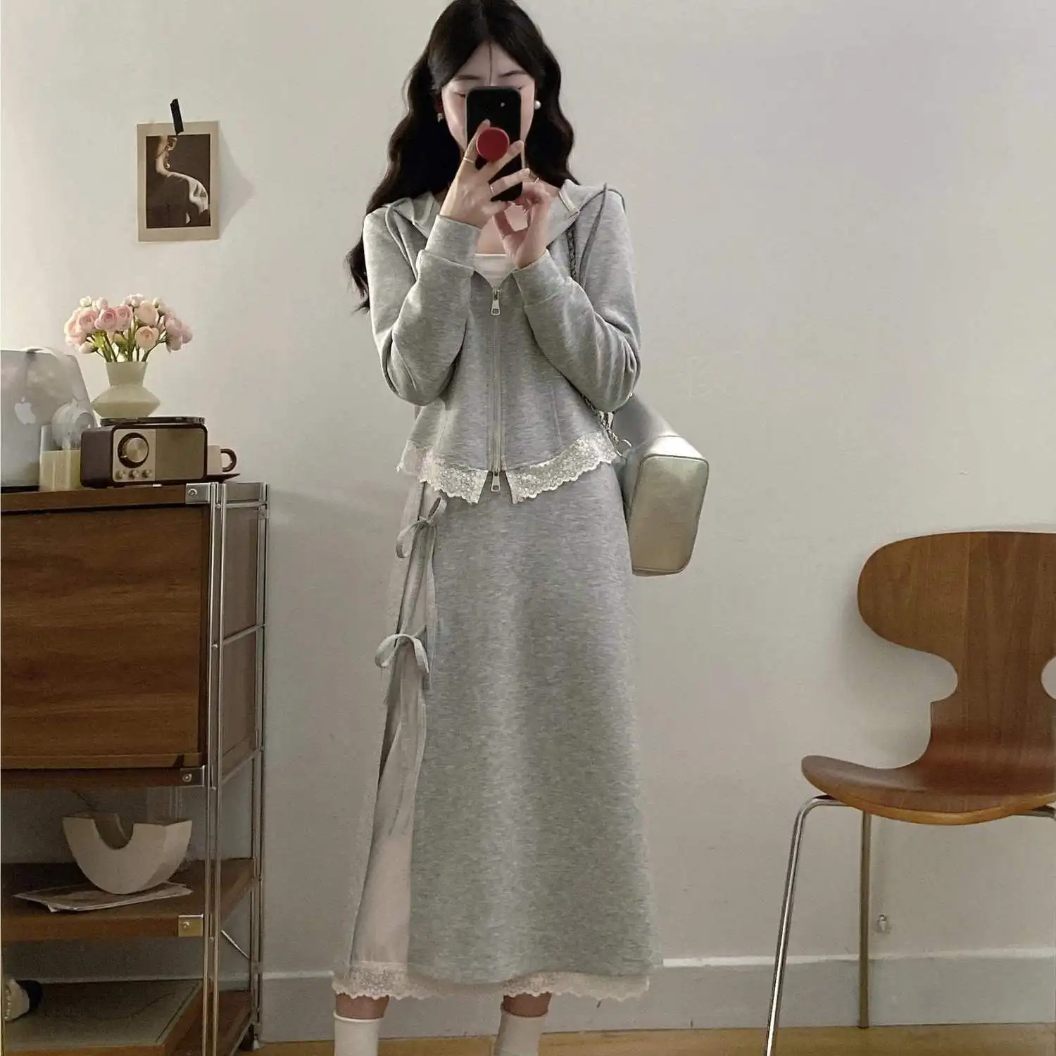 

Japan Spring And Autumn Preppy Style With A Complete Set Of Lace Sweatshirt And Skirt Two-Piece Suit