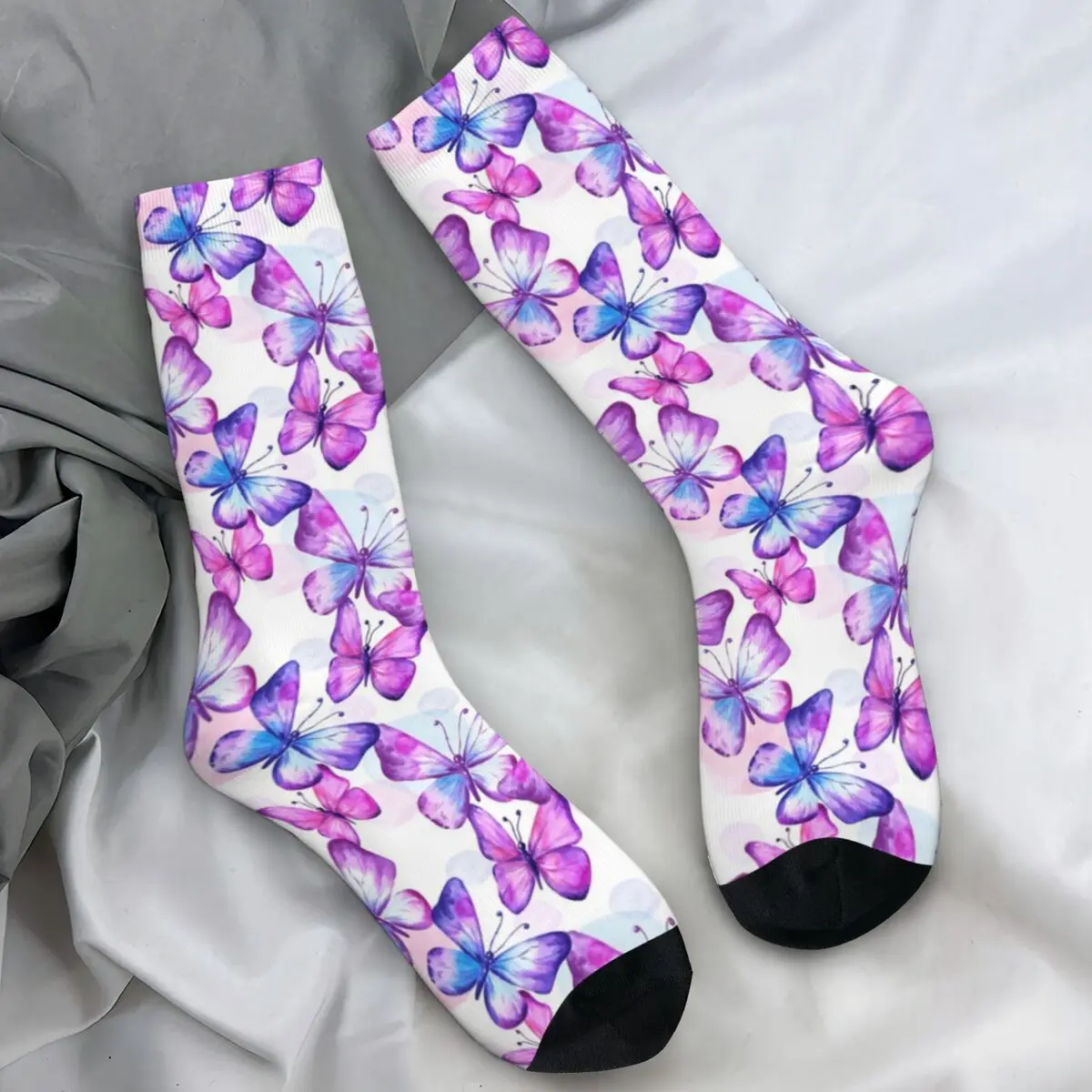 

Носки с акварельными бабочками, летающие насекомые, фиолетовые чулки для женщин и мужчин, мягкие дышащие велосипедные носки, осенние носки-непочки