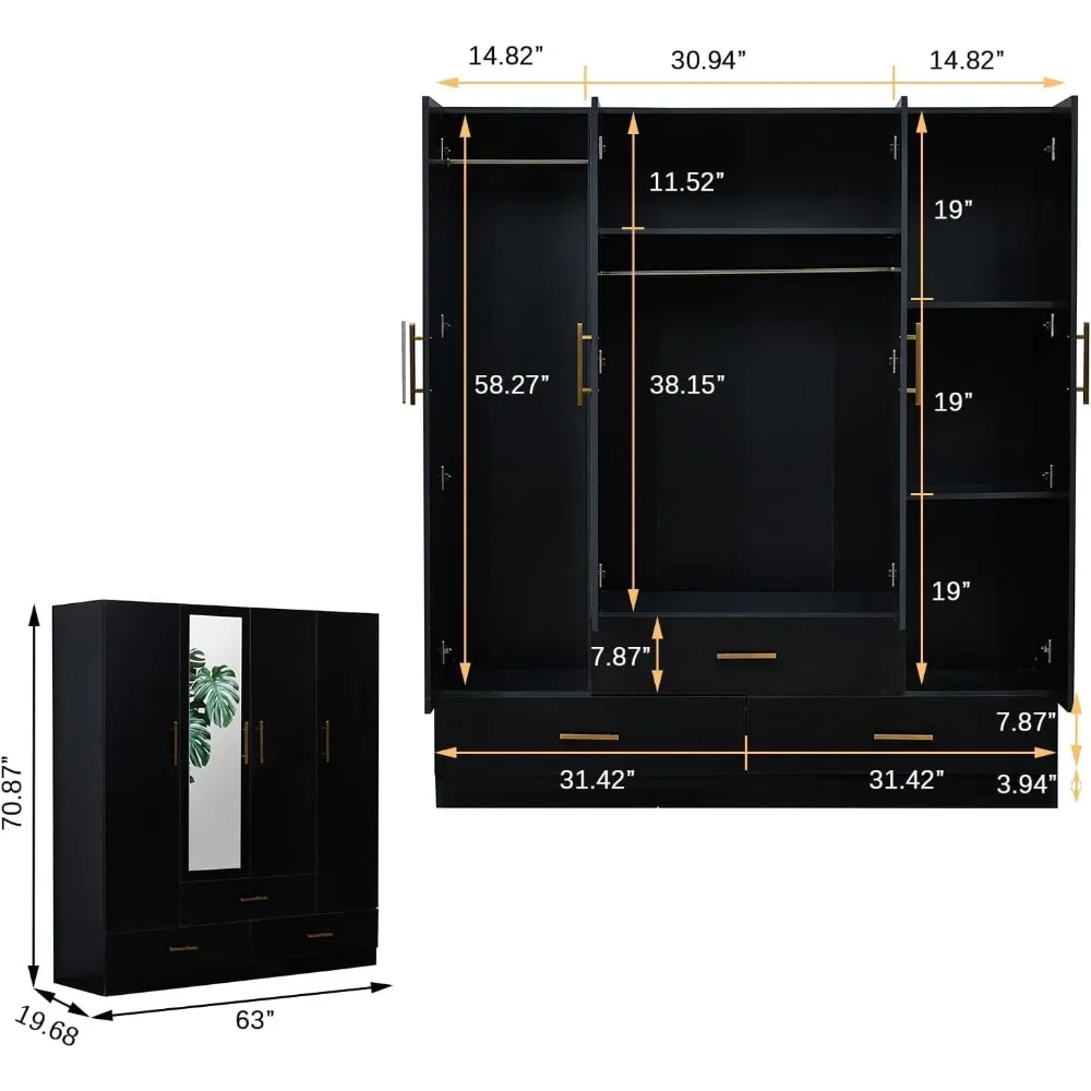 Armoire Wardrobe Closet: Wood Armoire Wardrobe Organizers with 3 Drawers, 4 Doors, Hanging Rod, Mirror and Shelves