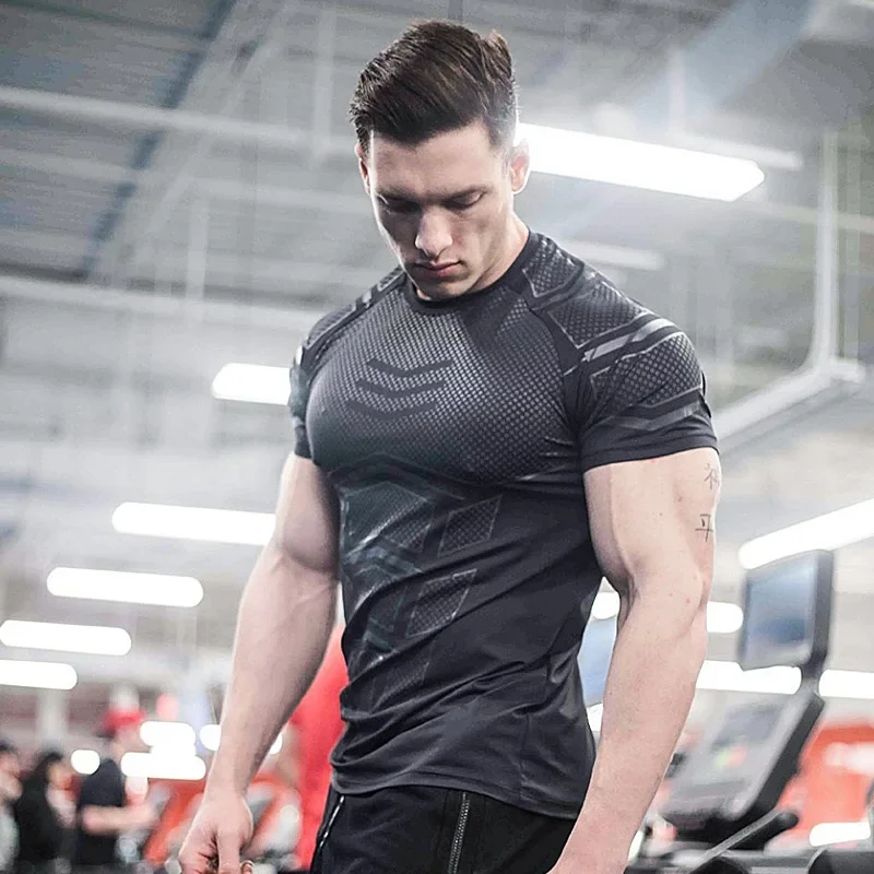 Letnie męskie szybkoschnące koszulki Fitness sportowe do biegania koszula z krótkim rękawem rajstopy topy kulturystyczne męska T-shirt treningowy na