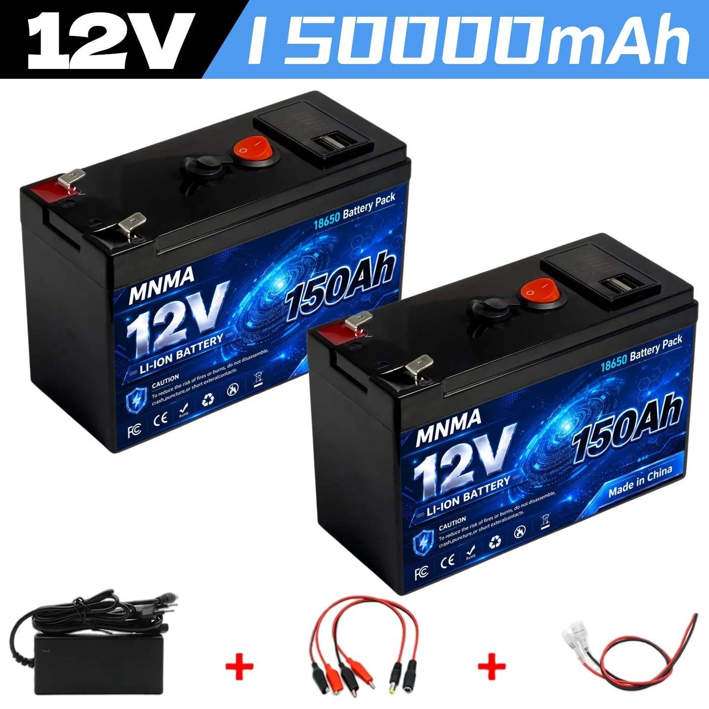 12V 150000mAh Lithium-Ion Battery with Charger Rechargeable Battery Replaceable Lithium Iron Phosphate Battery Built-in BMS