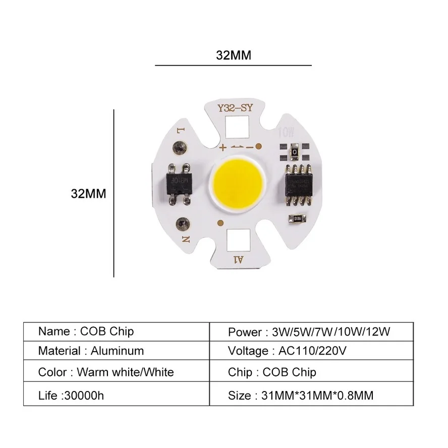 Chip LED COB IC inteligente Y32 de 220V, 3W, 5W, 7W, 9W, para bombilla LED DIY, foco Downlight, no necesita transformador de iluminación