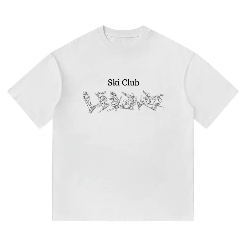 

Ski Print Short-sleeved Couple T-shirts, American High Street Loose Pure Cotton Half-sleeved, 2025 New Trendy Brand Summer