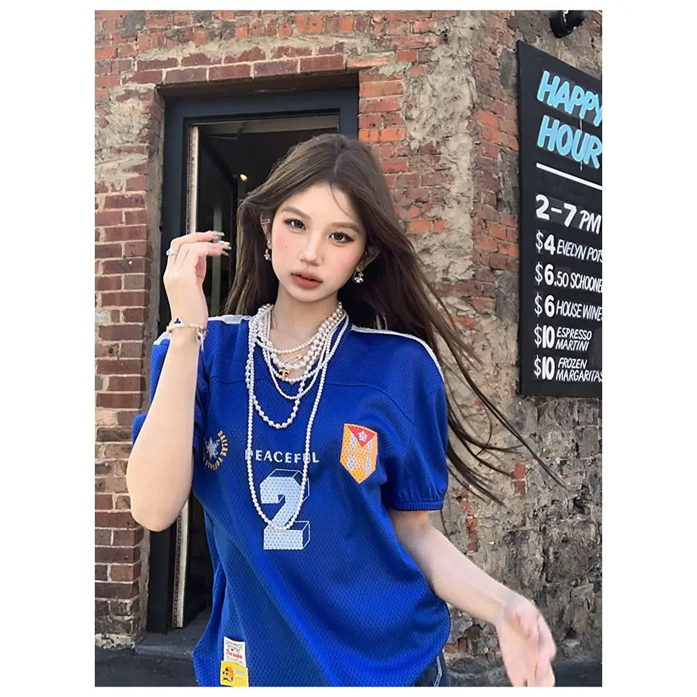 Vintage Y2K Cropped Mesh Football Jersey T‑Shirt, Number 2 & 87 Badge Print V‑Neck Short Sleeve Streetwear Top for Men Women