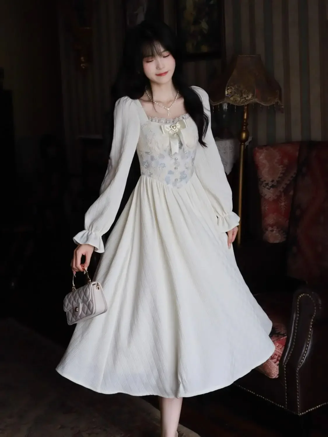 MAGOGO French Style Elegant Embroidered Floral Pearl Puff Sleeve Midi Dress Women Korean Square Collar Slim A-line Long Dresses