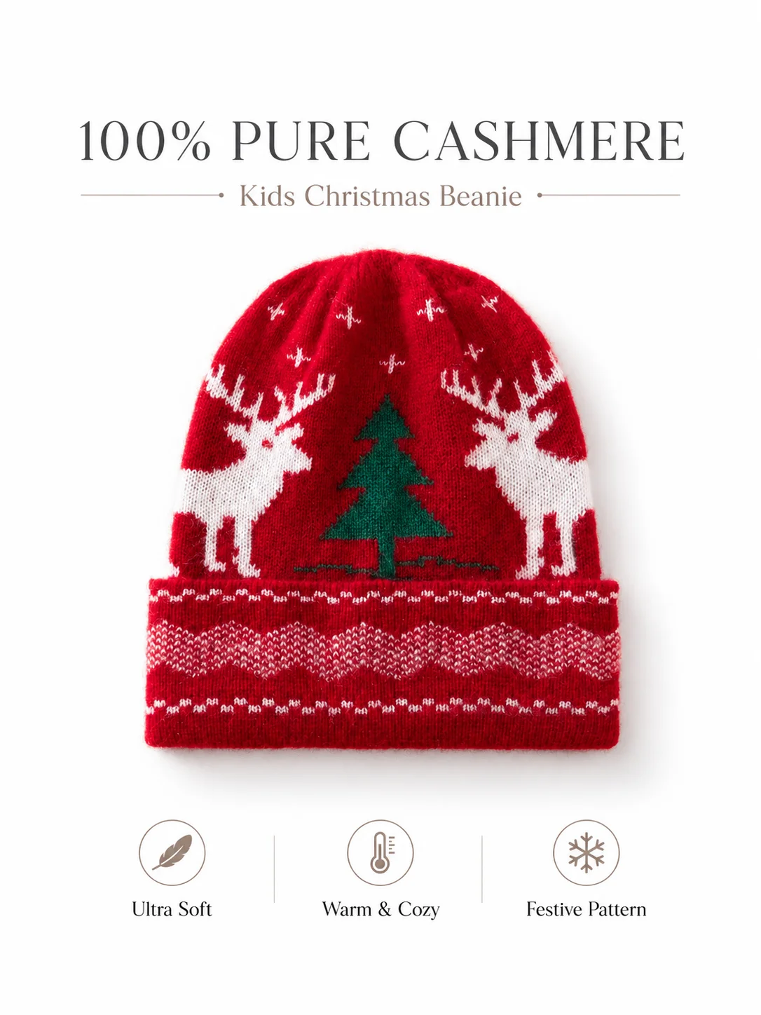 Children's Pure Cashmere Holiday Knit Hat Christmas Reindeer Tree Jacquard Beanie Soft Cap Kids Festive Winter Hat Warm Boy Girl