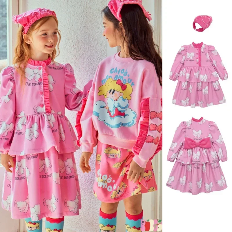 Girls Dresses 2024 Autumn and Winter New Pink Bow Fashion Girls Dresses Cotton Sweatshirt Short Skirt Suit Children's Clothing