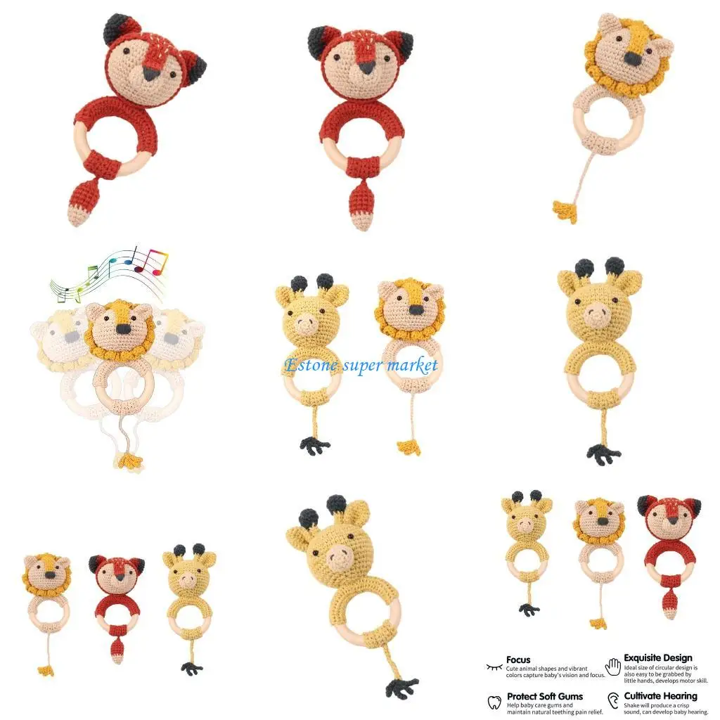 090b chocalho para recém-nascidos, sino crochê, animal, mordedor bebê, brinquedo mão, chocalho música, brinquedo