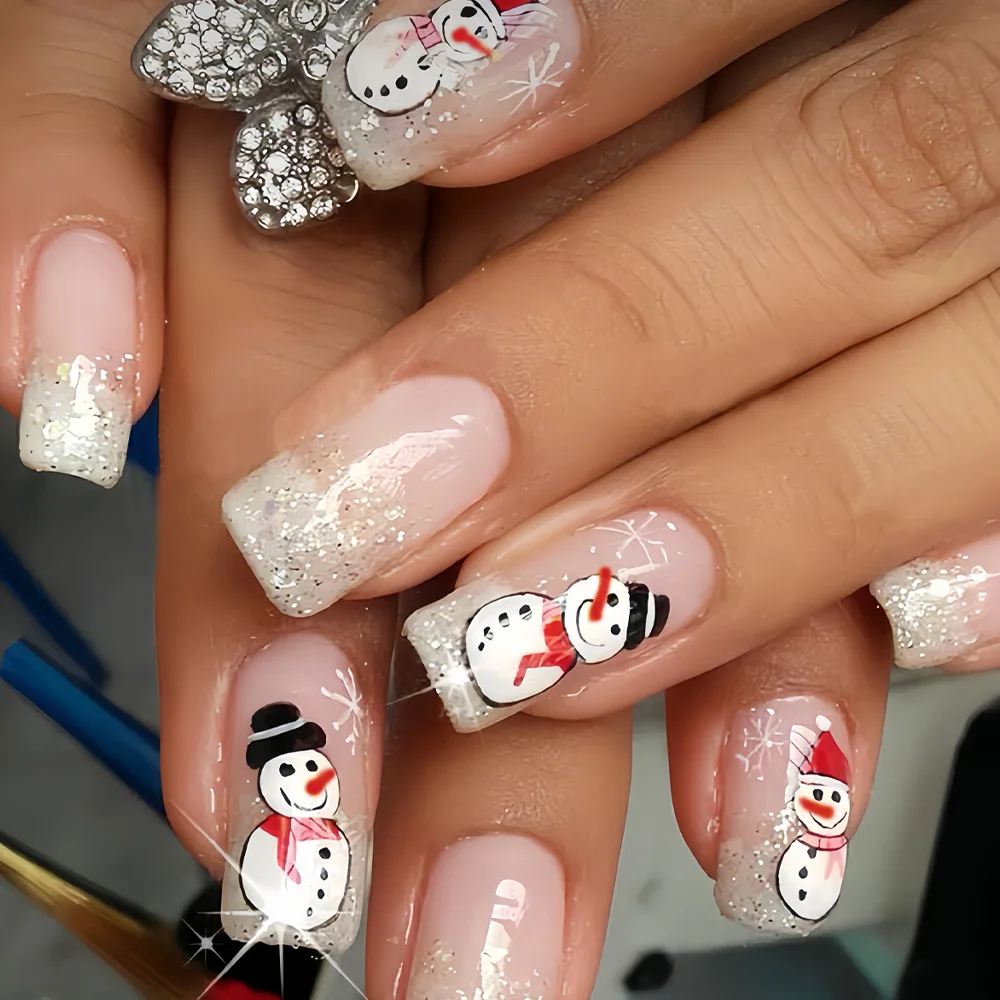 Faux ongles courts et carrés N64.avec colle, nail art, bonhomme de neige d'hiver, paillettes mignonnes, flocon de neige, French souhaits on, Nail Tips, Noël, 24 pièces