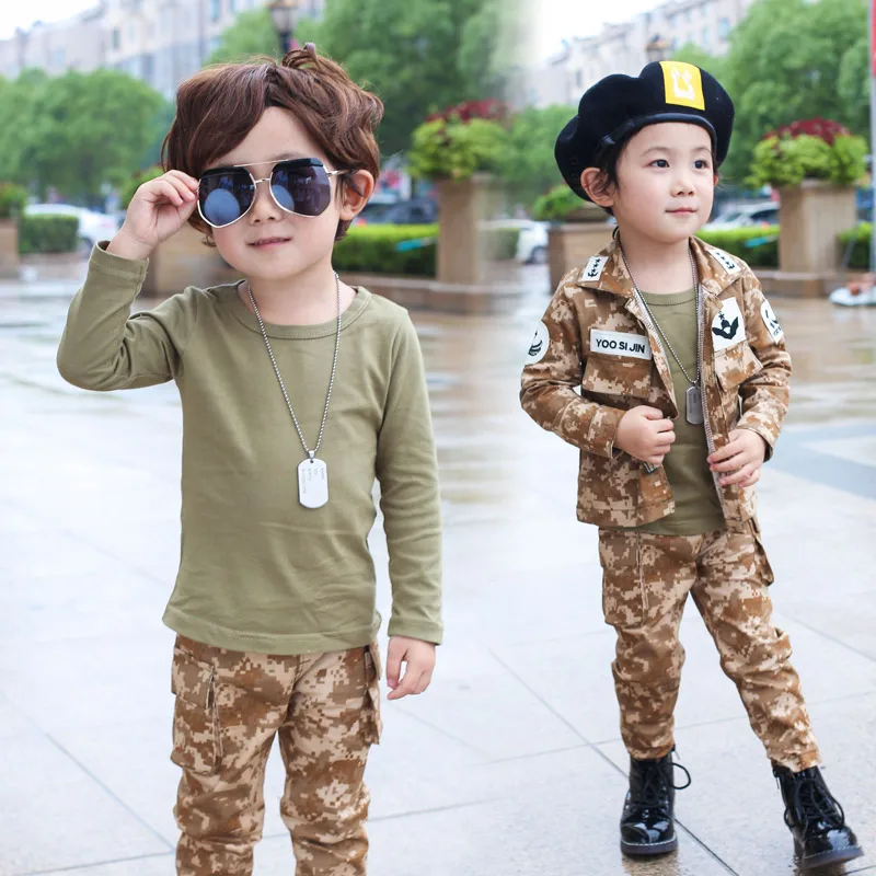 Free Belt & Hat Spring Fall Little Boys Camouflage Clothing Set Baby Kid Military Uniform Clothes Children\'s Sport Suit 4 Pcs