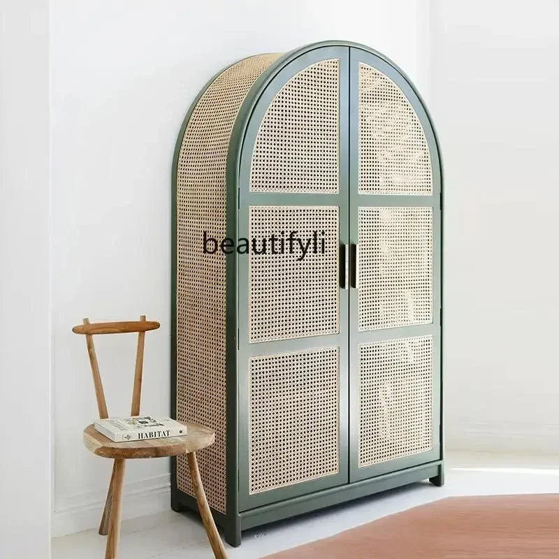 

V cqyAmerican Retro Solid Wood Wardrobe Simple Double Door Rattan Bed & Breakfast Locker Arch Cabinet
