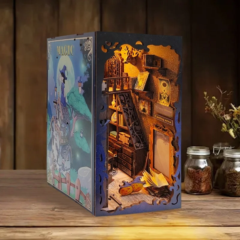 

OUZEY Mystical Library Bookend DIY, 3D Wooden Spell School with Auto-Light, Creative Study Model for Teens