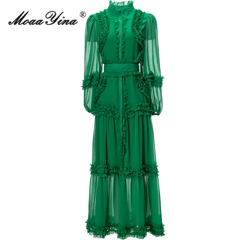 

MoaaYina Autumn Fashion Designer Green Vintage Party Dress Women Lantern Sleeve Ruffles Frenulum Gathered Waist Slim Long Dress