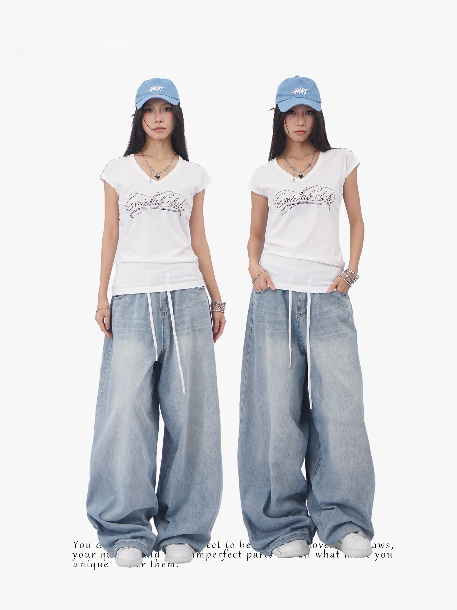 Oldwater Light Blue Faded Wide Leg Jeans Loose Long Pants Drawstring Elastic Waist Cotton Trousers Women's Loose Fit Jeans