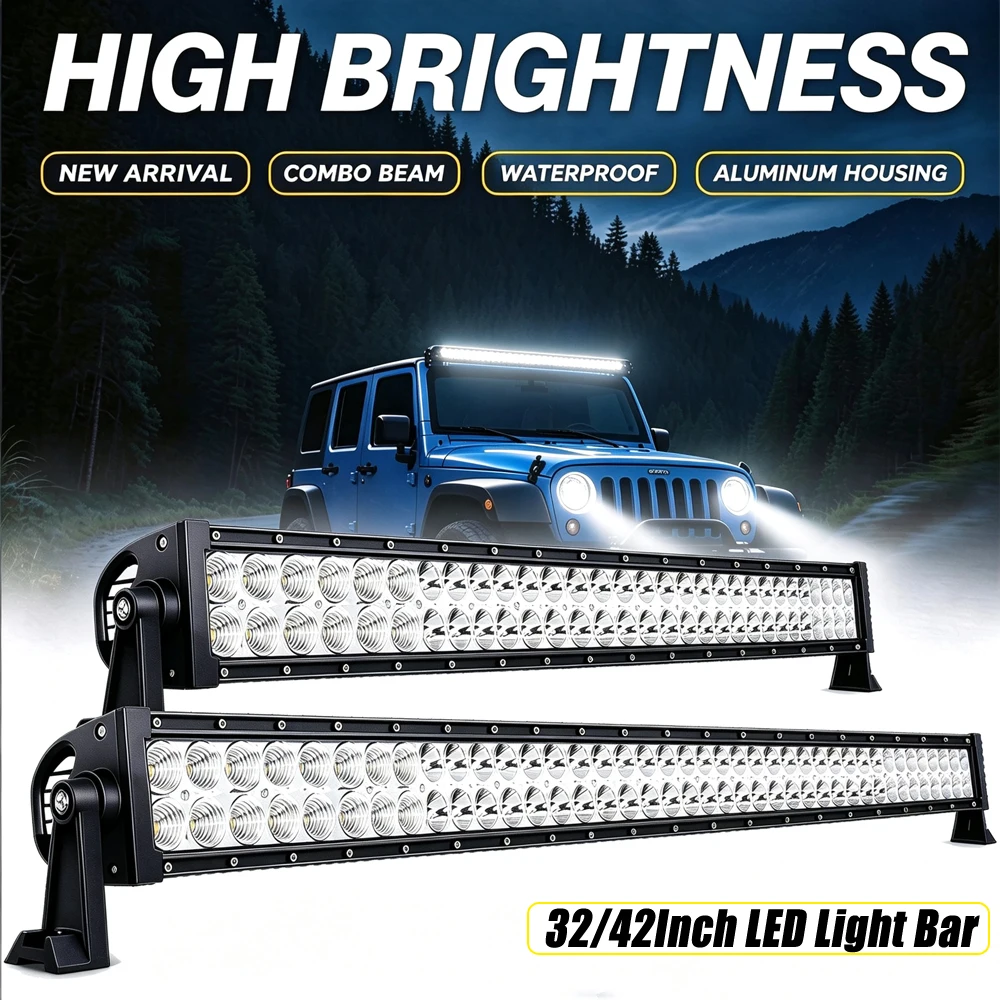 Barra luminosa a LED a doppia fila da 32/42 pollici, fascio combinato, impermeabile, per fuoristrada, barra luminosa da lavoro a LED 12V 24V per Jeep, camion, ATV, UTV, SUV, barca, trattore