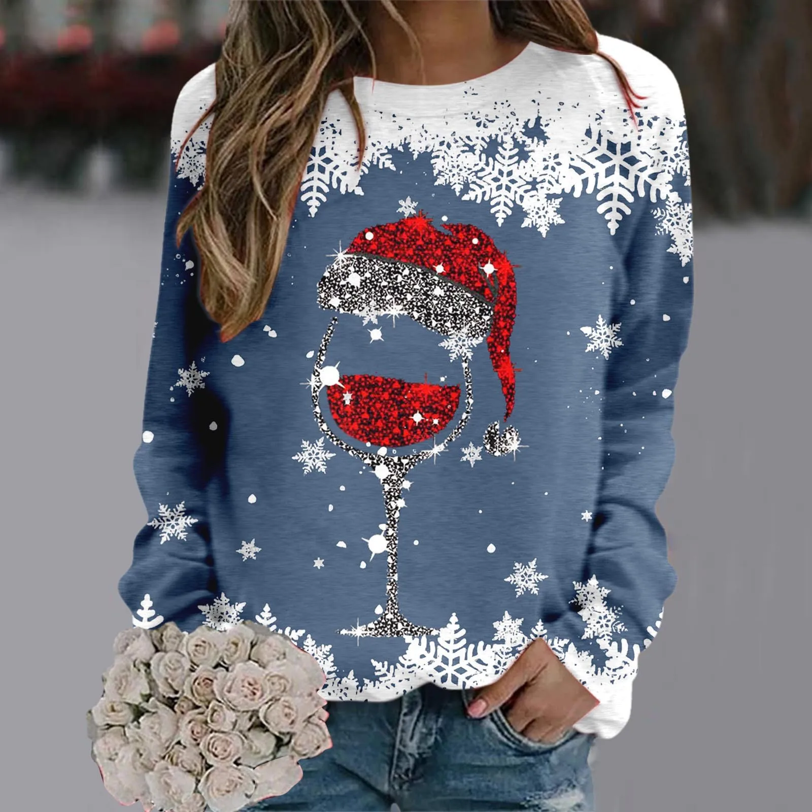 

Femme Clothing Tops Christmas Print Red Wine Cup T-Shirt Women's Fashion Casual Round Neck Long Sleeve Pullover Sweater New