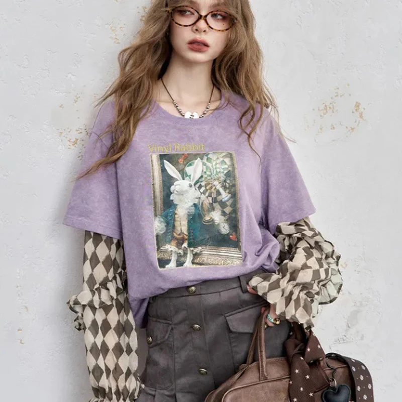 Vintage Chiffon Patchwork Tee Women Long Sleeve Cartoon Print Top Spring Fall Korean Chic Loose Preppy Style Female T Shirt
