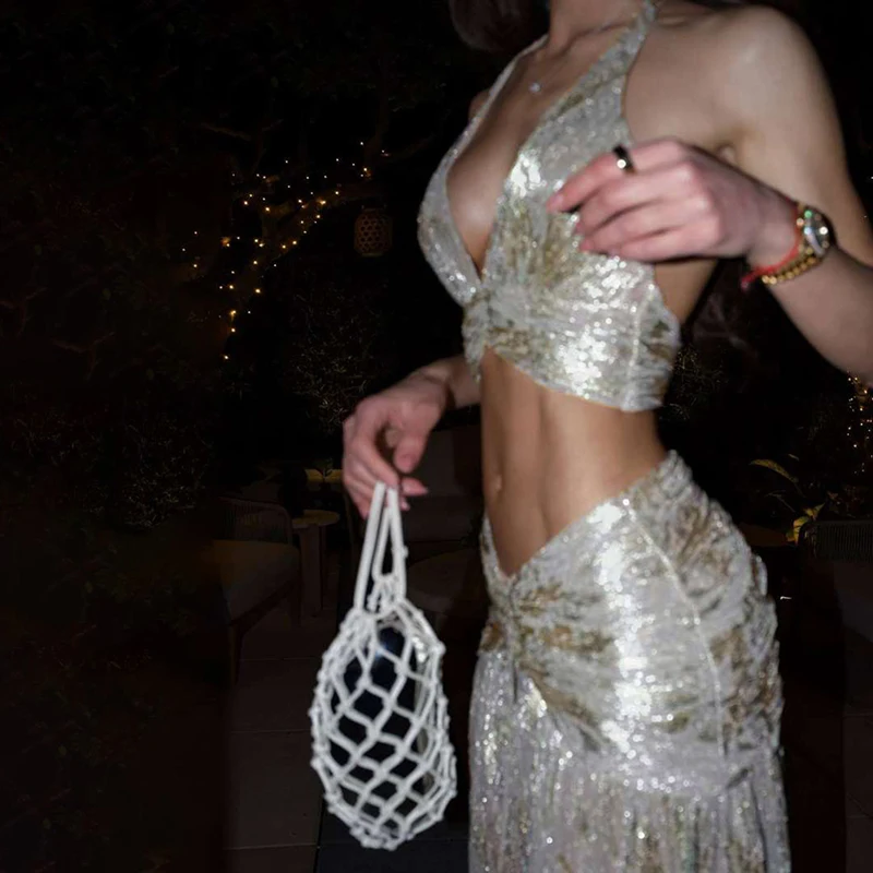 

Женский сексуальный комплект для вечеринок: облегающий топ без рукавов с открытой спиной и длинная юбка, модный принт, блестящий, элегантный, с V-образным вырезом, 2 предмета