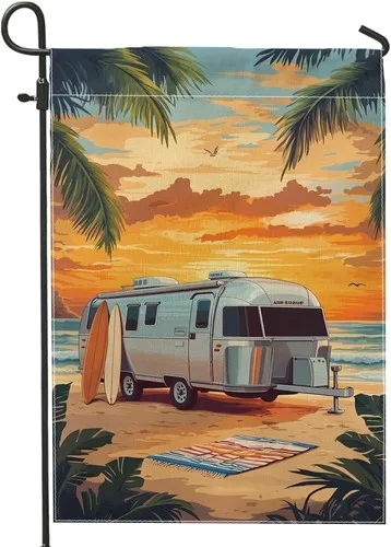 Bandera de jardín Tropical Sunset Airstream, aluminio plateado retro, 12x18 pulgadas RRI