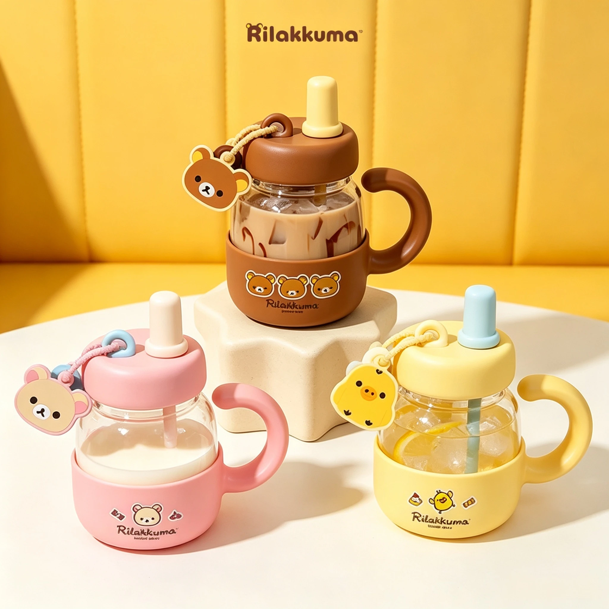 Lizenzierter Rilakkuma-Glasbecher mit Strohhalm und Henkel, 780 ml, großer, hitzebeständiger, süßer Becher für Mädchen, für den täglichen Gebrauch zu Hause, für heiße und kalte Getränke.