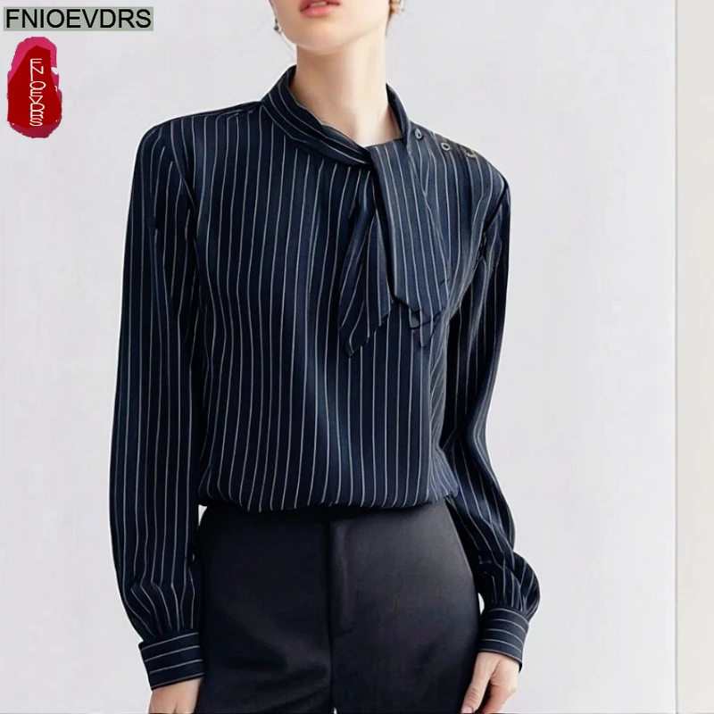 

Топы с воротником-бабочкой и галстуком-стойкой, блузки, новые модные женские осенне-весенние базовые рубашки с длинными рукавами, элегантные офисные женские рубашки в белую полоску