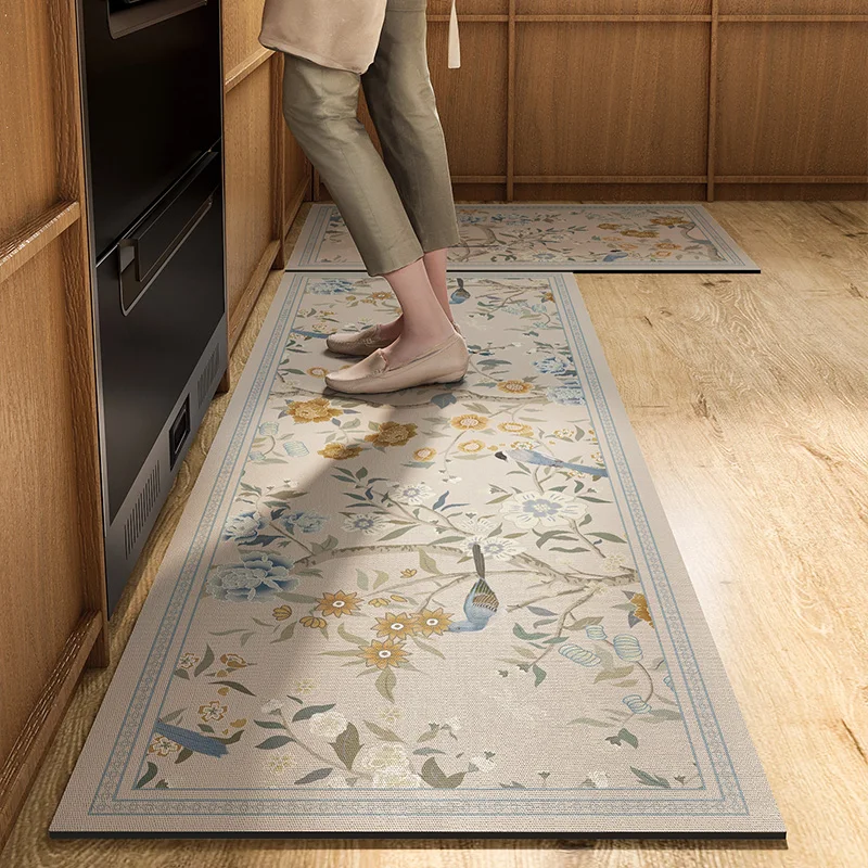 Alfombra de cocina de paisaje de estilo chino, alfombra de PVC con patrón de flores y pájaros, Retro, étnico, antideslizante, impermeable