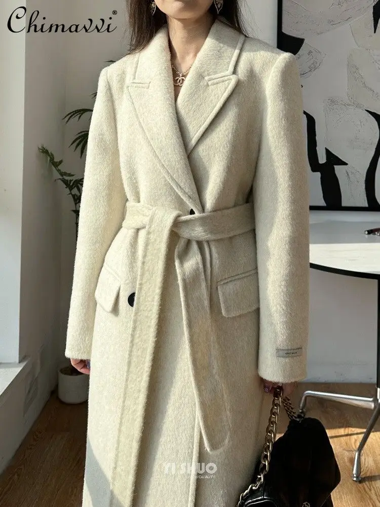 

Новое зимнее элитное белое утолщенное длинное двустороннее шерстяное пальто, элегантное женское шерстяное пальто с воротником на шнуровке, женская