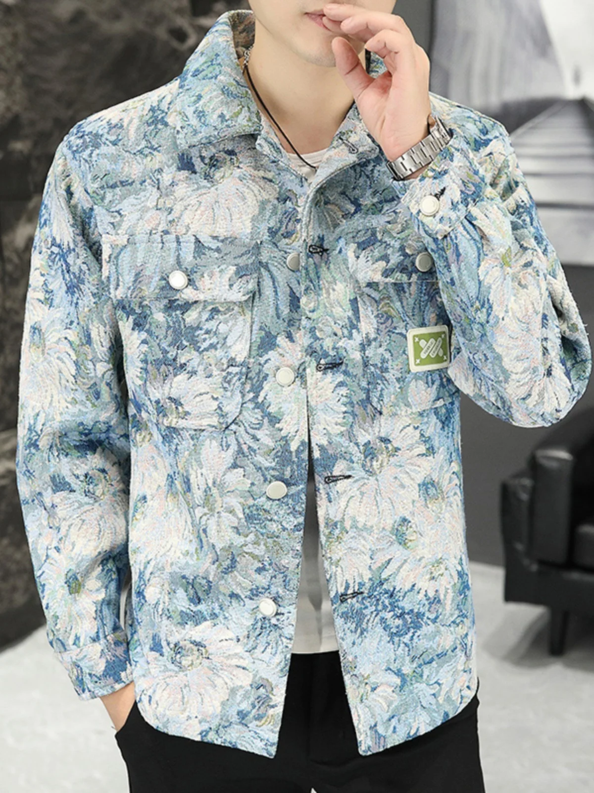 

Slim Fit Casual Collar Jacket for Men Trendy Youthful Style Autumn New Arrival Handsome Printed Polyester Fiber Long Sleeve