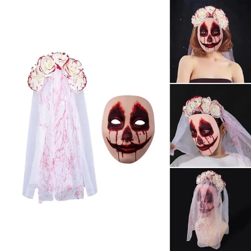 Adult Gothic Bride Halloween Costume Veil Flower Headband Bloody Hairhoop Dark Series Scary Bride Facemask Props