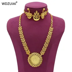 WDZUIAI Top Quality 24K Gold Color Necklace/Earrings/Bracelet Set for Women African Ethiopian Arab Bridal Wedding Jewelry Gifts