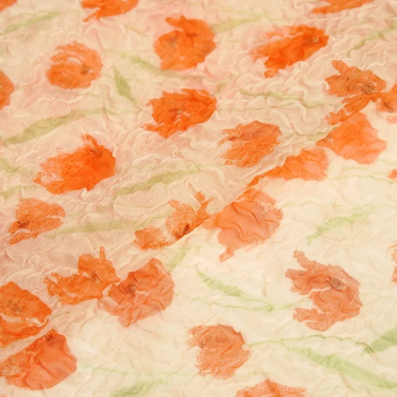 Orange Floral Print Semi Sheer Pleated Fabric Soft Breathable Shirt Dress Tablecloth Apparel Garment Craft Material Wholesale