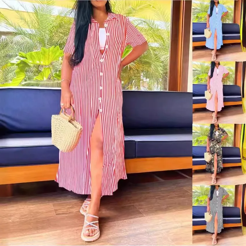 

2024 Summer New Style Elegant Commuter Button Collar Short Sleeve Casual Long Stripe Printed Dress Women's Wear