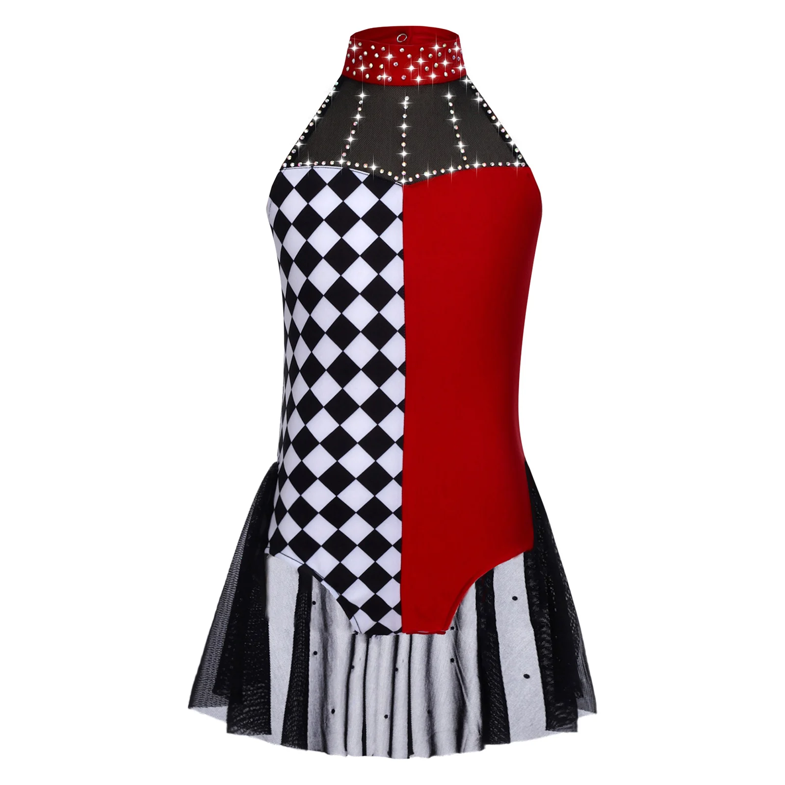 Kids Girls Ballet Dance Leotard Party Clown Costume Color Block Patchwork Rhinestone  Halter Sleeveless Mesh Overlay Bodysuit