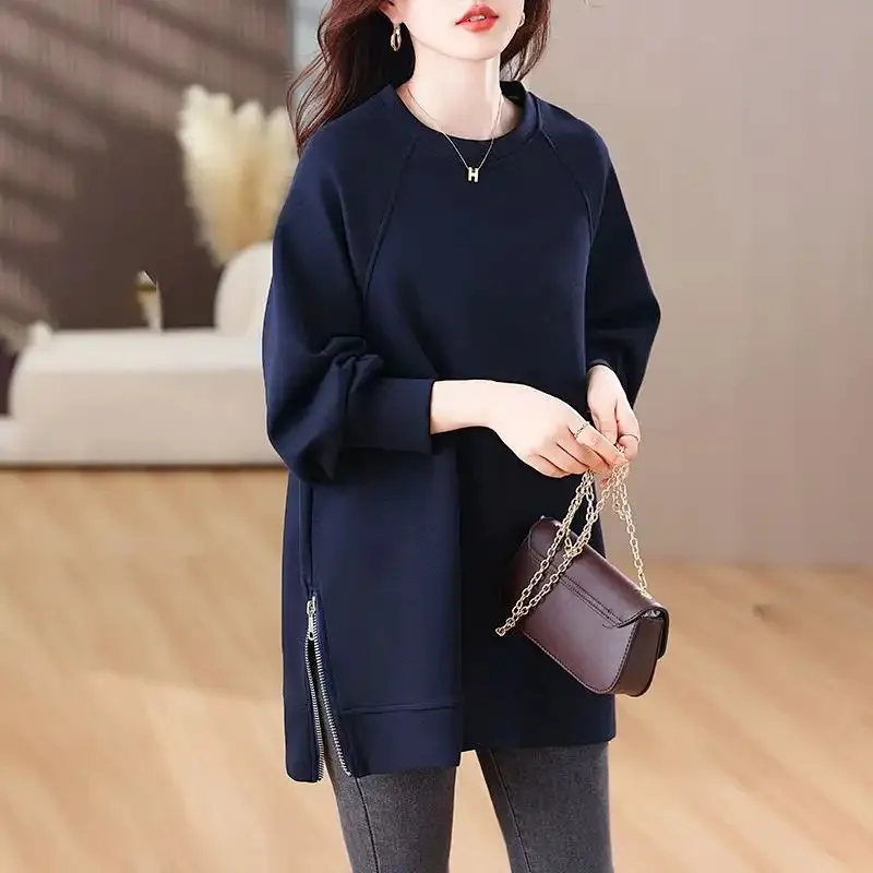 

Women's Navy Blue Oversized Crew Neck Sweatshirt Side Zipper Design Loose Long Sleeve Casual Pullover Top