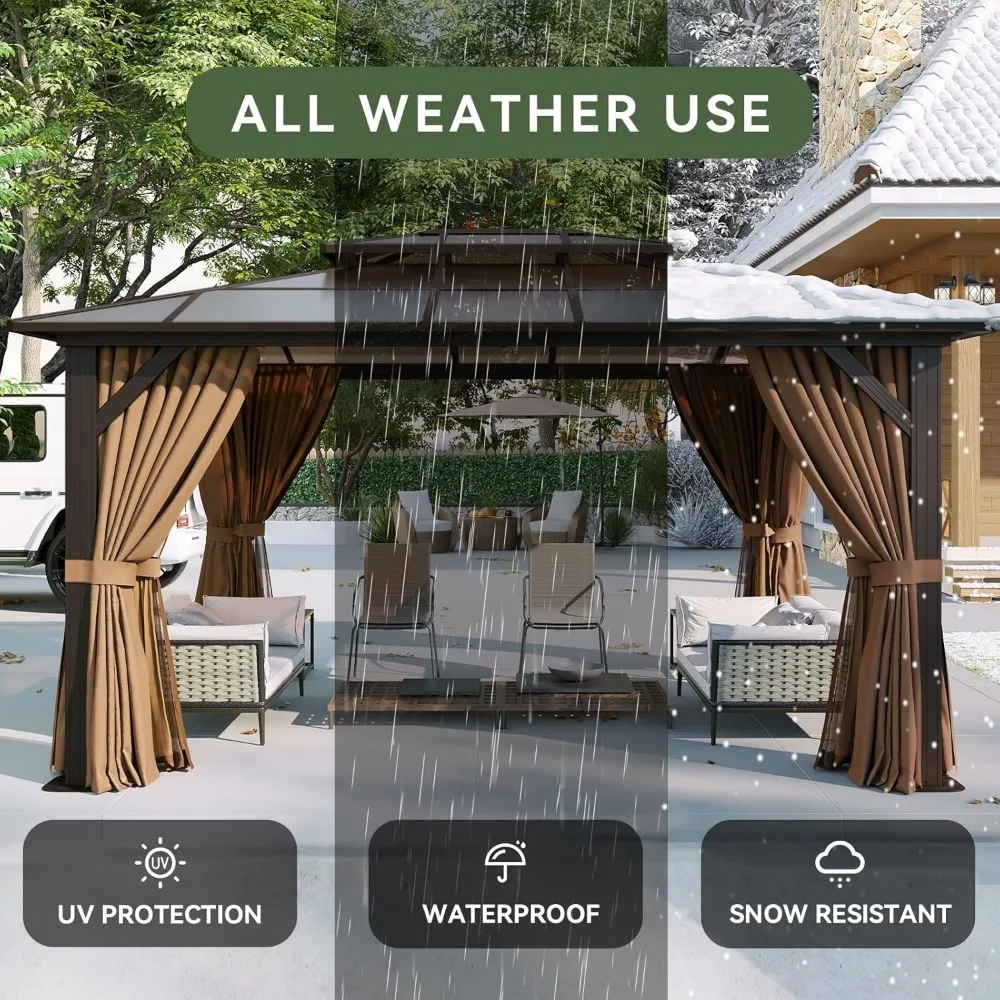 أكشاك صلبة مقاس 12 × 10 بوصة، إطار من الألومنيوم جناح دائم مع ستائر وشبكة، مظلة سقف مزدوجة من البولي كربونات الخارجية، #5