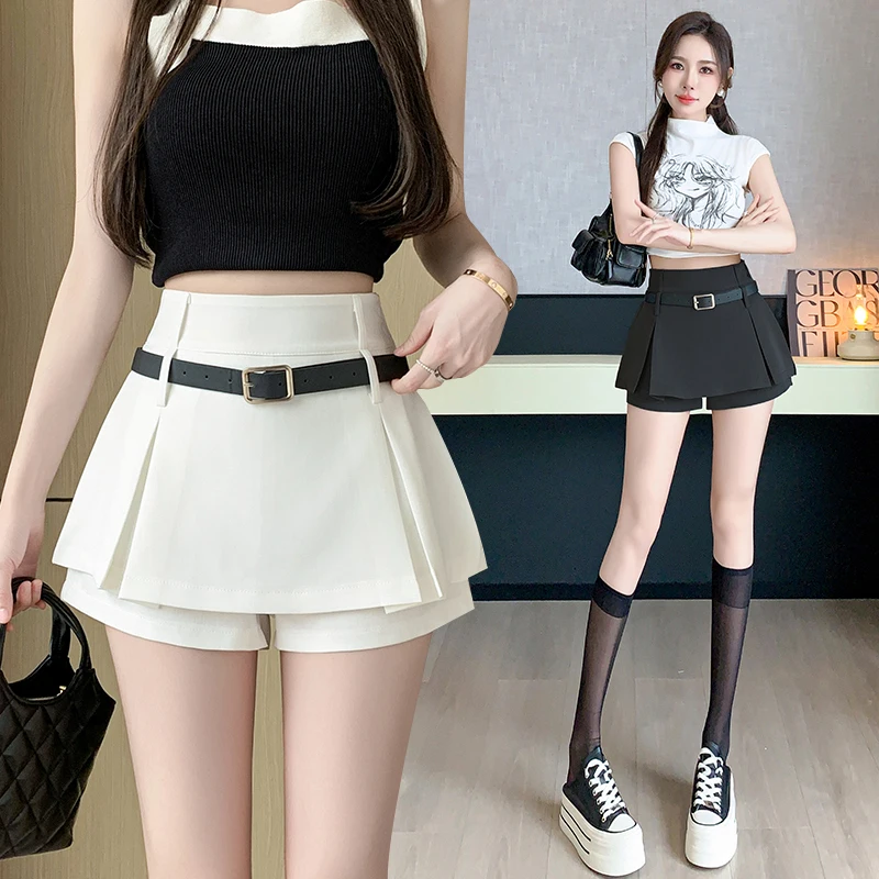 

Korean Fashion Y2K Shorts Skirt Women Belt High Waist Mini Skirts With Shorts Office Lady Slim Casual Pleated Skirt Culottes