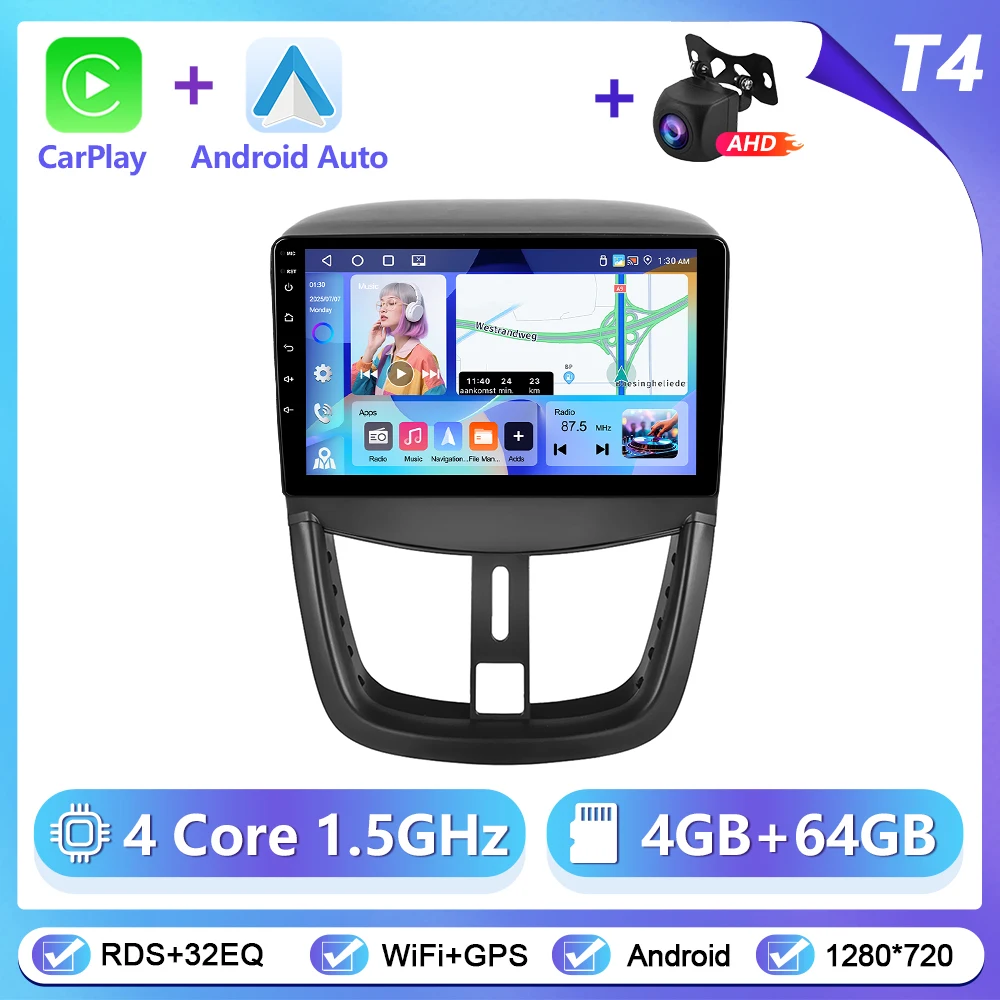 Podofo draadloze CarPlay Android Auto autoradio voor Peugeot 207 2009-2013 GPS navigatie 2Din multimediasysteem autoradio stereo