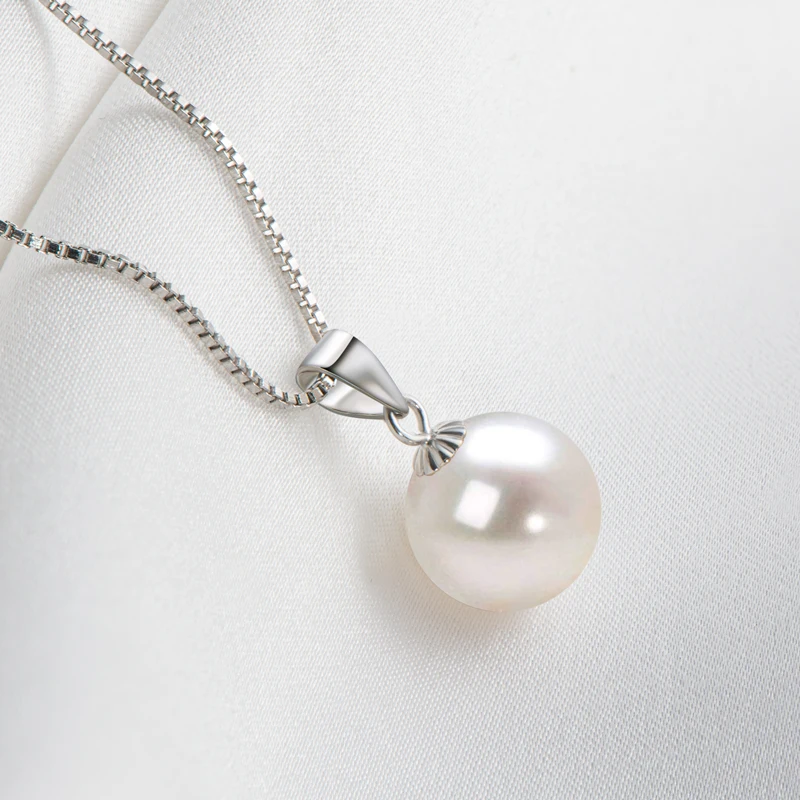 Anziw Real 925 Sterling Silver Necklace 9-10mm Natural Freshwater Pearl Pendant for Women Jewelry Wedding Party Gifts Box Chain