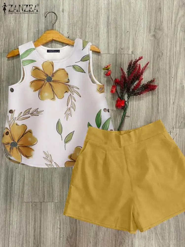 2PCS Women Summer Short Suits Elegant O Neck Sleeveless Floral Blouse Pant Sets 2024 ZANZEA Two Pieces Woman Tracksuits Outfits