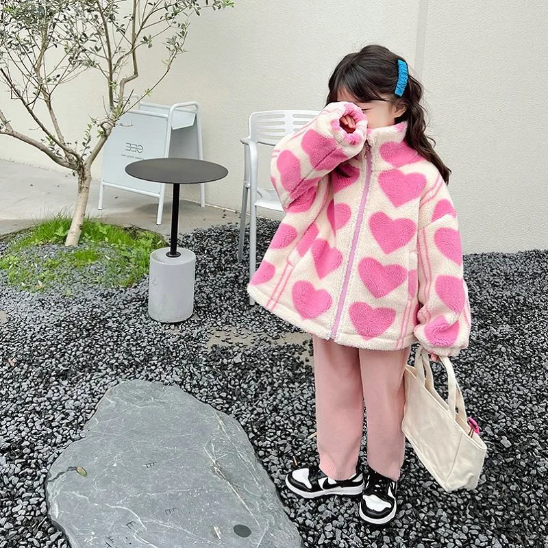 2024New Winter Clothes Girls\' Coat Lambswool Super Thick Fleece-lined Love Coat