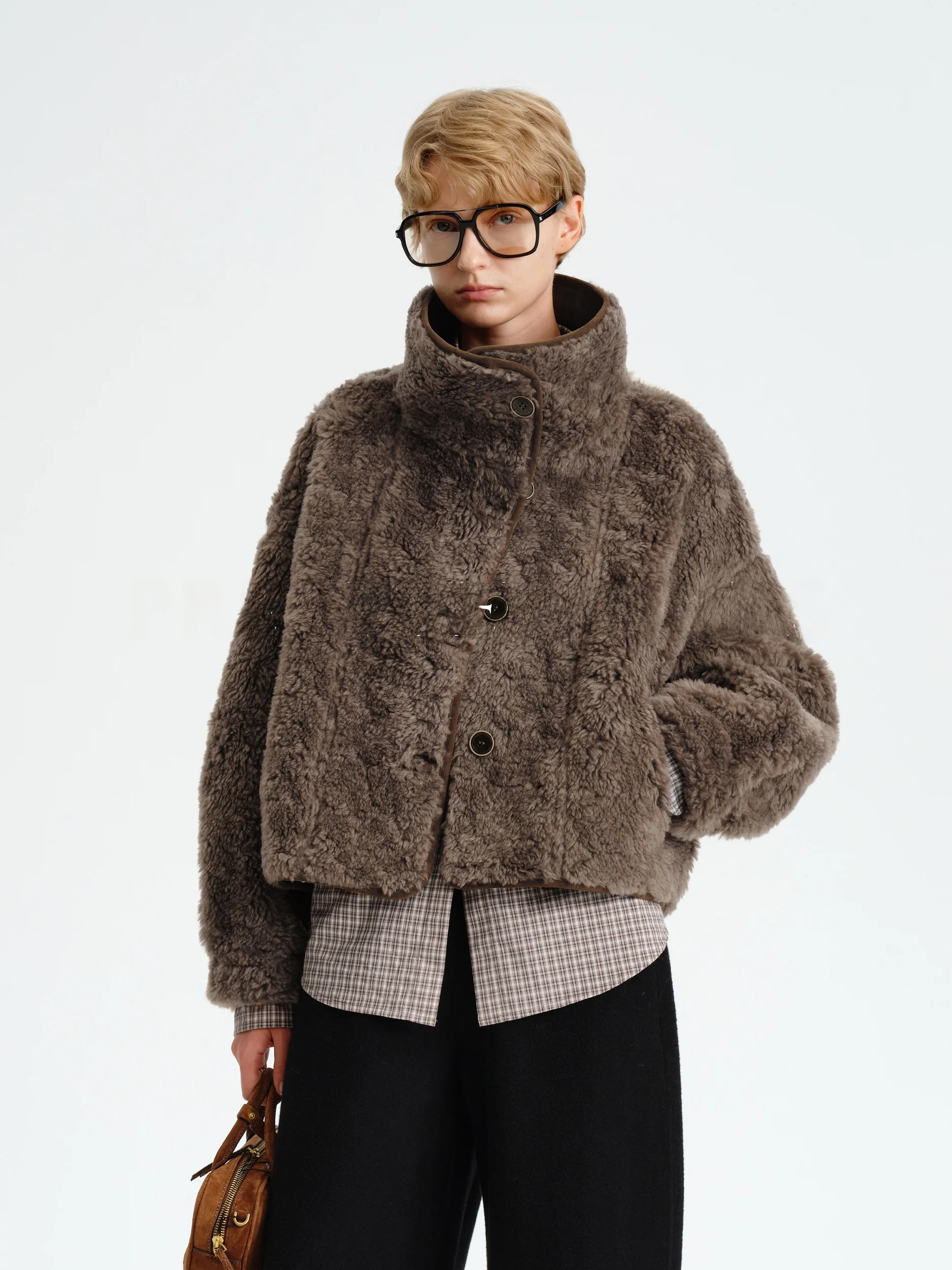 

PRE PREWORKS Ретро-пальто из двусторонней шерсти с воротником-стойкой, комбинированное из замши, шерсти, кожи и меха, короткая верхняя одежда