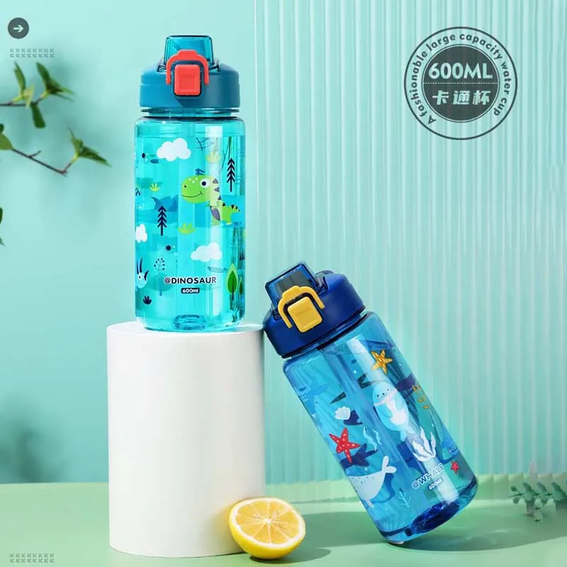 600ml Dinosaur Water Bottle For Kids Water Sippy Cup With Silicone Straw Leakproof Plastic Water Bottles Summer Kids Water Cup