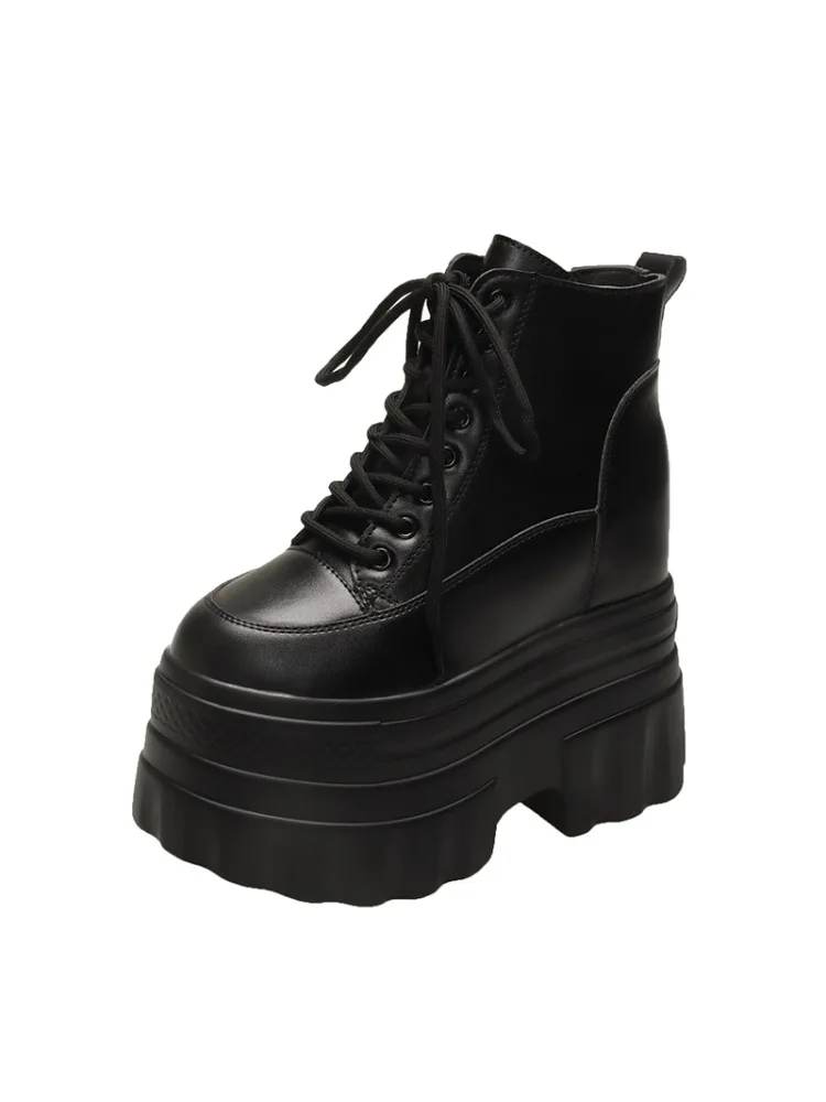 Botki na wysokiej platformie damskie sznurowane buty motocyklowe w stylu combat klasyczne punkowe skórzane buty damskie grube podeszwy ciepłe futrzane śniegowce — 2