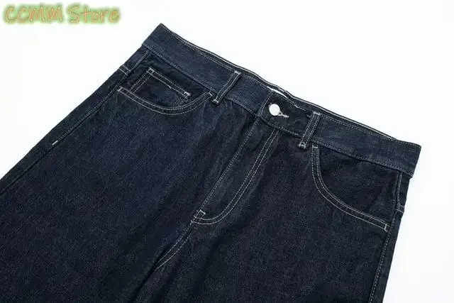 Women Fashion High Street Jeans Denim Dark Blue High Waist Zipper Fly Rolled Leg Trouser Loose Casual Wide Leg Pant Jeans