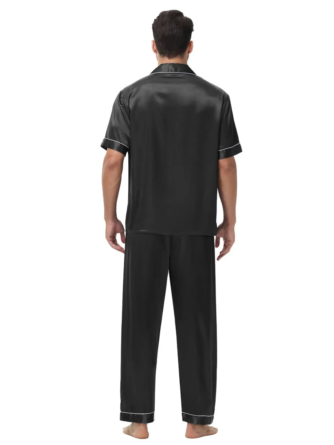 Men's Button Closure Satin Pajama Two-piece Set Casual Comfy Short Sleeve Lapel Pajama Top & Pants Men's Sleepwear Loungewear